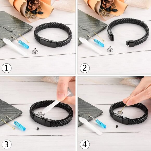 Black Leather Ashes Memorial Bangle - Remembrance Jewelry for Men Women - Picture 4 of 7